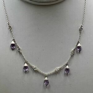 Signed L J Sterling Silver Amethyst Briolette Drop Necklace February Birthstone